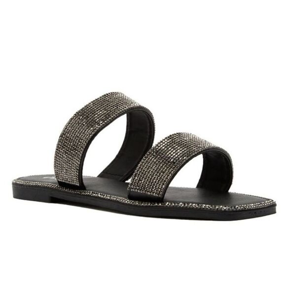 Qupid Double Strap Rhinestone Flat Sandal- Pewter - Picture 2 of 7